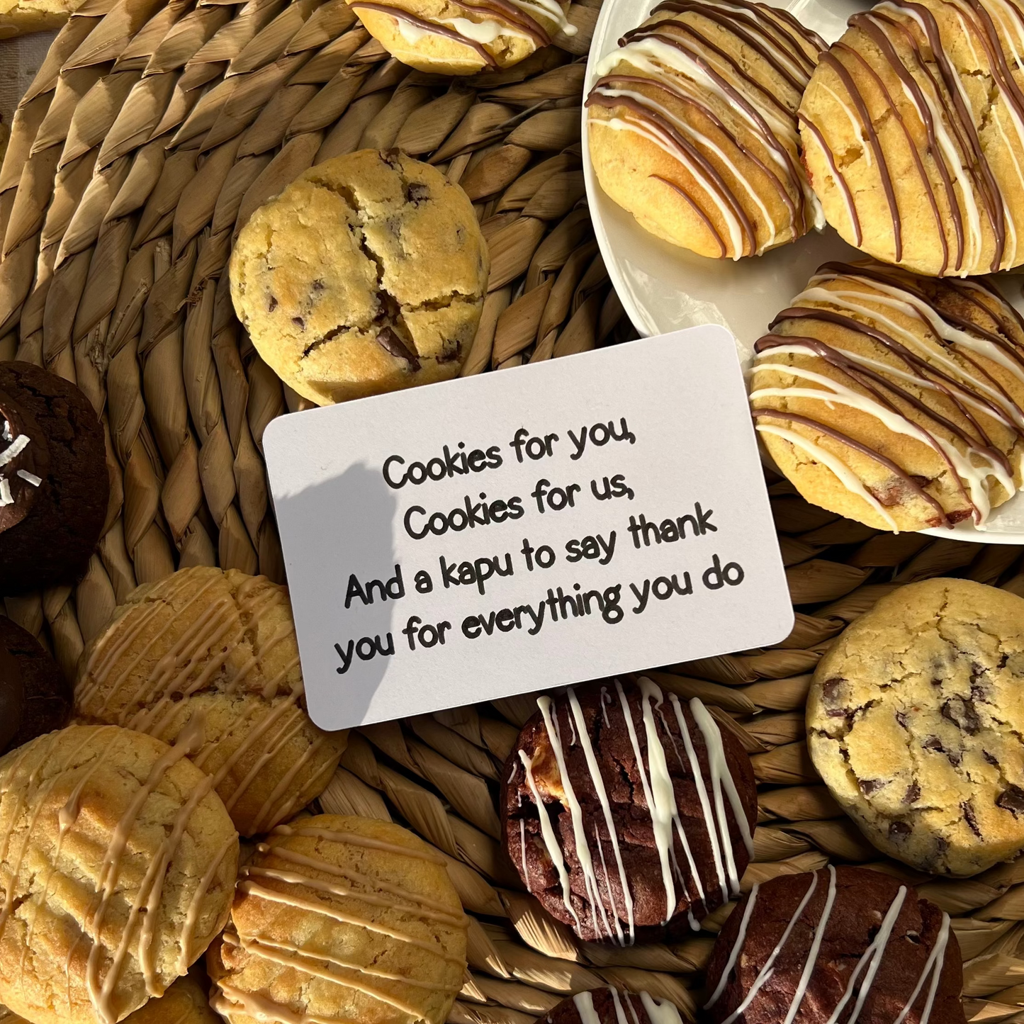 A gift card with a message 'Cookies for you and a Kapu to say thank you. Everything you do is appreciated.